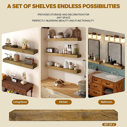 Floating Shelves 3 inch Thick for Wall Set of 2,Solid Pine Wood Wall Mount Shelf for Kitchen Living Room Bedroom Bathroom,8" D x 60" L x 3" H-Distressed Black Walnut
