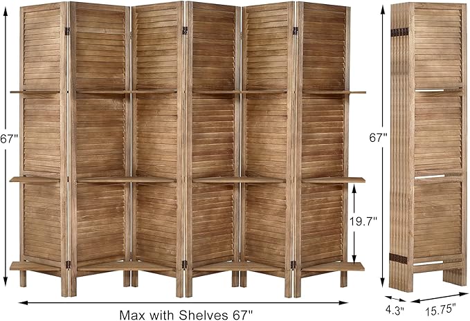 Room Divider with Shelves, Privacy Screen, Room Dividers and Folding Privacy Screens, 6 Panel Wood Temporary Wall Partition Separation Separator, Brown
