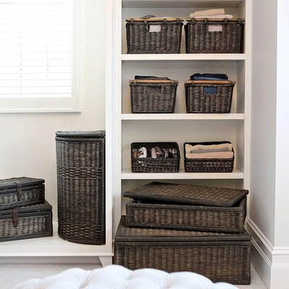 The Basket Lady Pole Handle Wicker Storage Basket, Large, 18 in L x 14.5 in W x 9 in H, Antique Walnut Brown