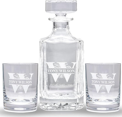 Gifts Inscribed Personalized Whiskey Decanter Set - Engraved Whiskey Decanter Bottle & Set of 2 Custom Drinking Glasses Laser Etched - Customized Whisky Gift for Wedding, Birthday, Fathers Day