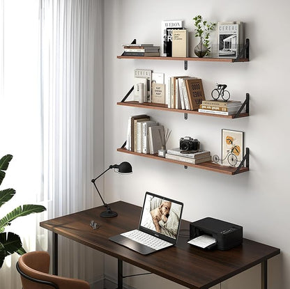 Heimlove Floating Shelves for Wall, 36 Inch Long Wood Floating Bookshelf Set of 3, Wall Mounted Hanging Shelf for Bathroom Bedroom Kitchen, Walnut