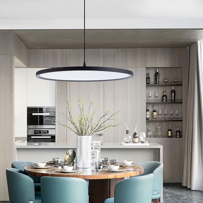 MADEM Modern LED Pendant Light 23.6'' Disc Chandelier Hanging Lighting Fixture with Acrylic Shape Dimmable Office Chandelier 6000K for Office Room Football Bedroom Decor Kitchen Island, Black