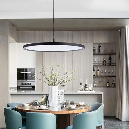 MADEM Modern LED Pendant Light 23.6'' Disc Chandelier Hanging Lighting Fixture with Acrylic Shape Dimmable Office Chandelier 6000K for Office Room Football Bedroom Decor Kitchen Island, Black