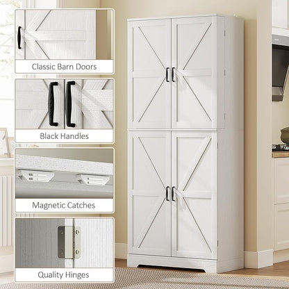 HOMCOM 72" Farmhouse Kitchen Pantry Cabinet, Freestanding Tall Storage Cabinet with 4 Barn Doors, 4 Adjustable Shelves and 8 Door Shelves, Embossed White Wood Grain