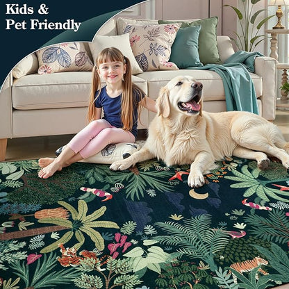 LIVEBOX 6x9 Jungle Dark Rug Dining Room Rugs for Under Table, Soft Modern Green Rugs for Living Room, Washable Kids Rug for Boy Bedroom, Non-Skid Kids Carpet Playmat for Play
