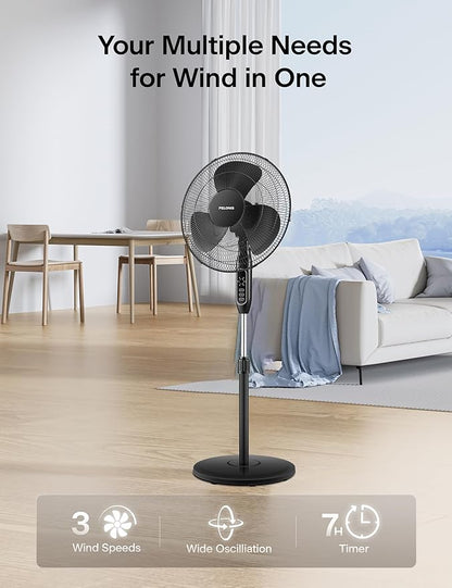 PELONIS 16'' Pedestal Fan for Bedoom, Remote, Standing Fan with 7-Hour Timer, 90° Oscillation, 3-Speeds, Adjustable Height, Electric Cooling Fans for Living Room and Office