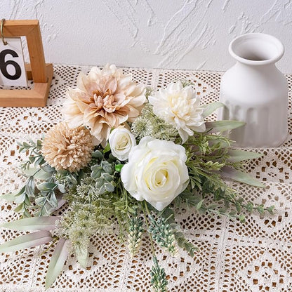 Fake Flowers in Vase, Artificial Flowers with Vase, 15.7'' Floral Arrangements for Dining Table Centerpiece Decor, Silk Roses & Faux Dahlia Bouquet for Farmfouse Kitchen Coffee Table Decor (Brown)