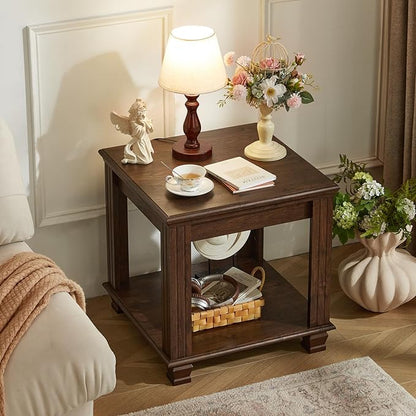 Farmhouse End Table,Large Side Table with 2-Tier Storage Shelf,Rustic Brown End Tables for Living Room,Square Tea Table,Walnut