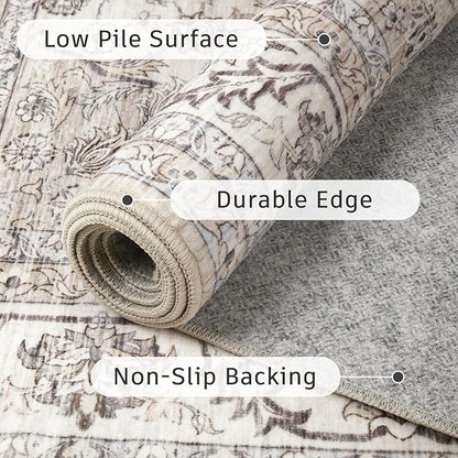 DCX Machine Washable Brown and Beige Area Rug 8x10, Non Slip Stain Resistant Vintage Floral Rug for Living Room Bedroom Nursery, Soft Low Pile Large Carpet