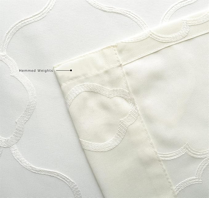 MIUCO Moroccan Embroidery Semi Sheer Curtains Faux Linen Grommet Curtains for Bedroom 52 x 63 Inch 2 Panels, Off White