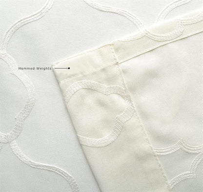 MIUCO Moroccan Embroidery Semi Sheer Curtains Faux Linen Grommet Curtains for Bedroom 52 x 63 Inch 2 Panels, Off White