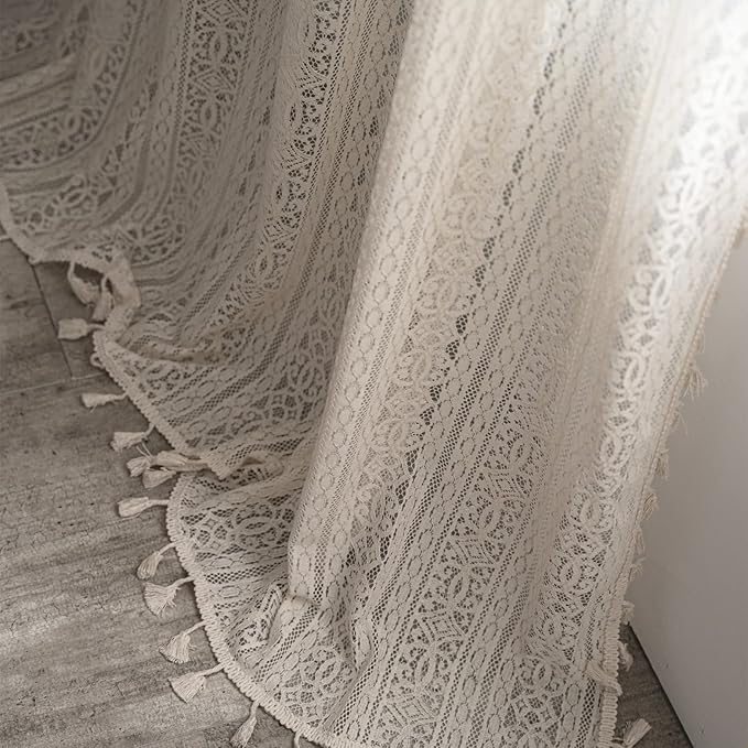 Sutuo Home Boho Curtain Crochet Lace Semi-Sheer Florals Hollow Knitted Handmade Tassels, Rod Pocket Window Treatment Vintage Rustic Farmhouse Drapes for Living Bedroom, 1 Panel 59" W x 108" L, Beige