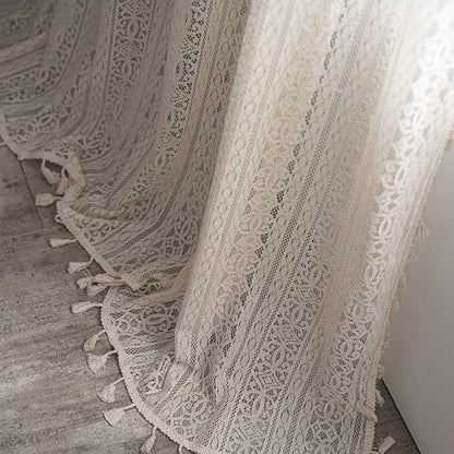 Sutuo Home Boho Curtain Crochet Lace Semi-Sheer Florals Hollow Knitted Handmade Tassels, Rod Pocket Window Treatment Vintage Rustic Farmhouse Drapes for Living Bedroom, 1 Panel 59" W x 108" L, Beige