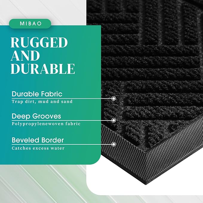 Mibao Front Door Mat Outside Entrance, Durable Outdoor Indoor Mat, Low Profile Heavy Duty Doormat, Non-Slip, Traps Dirt and Moisture, Easy Clean Patio Porch Entryway Mat, 29.5" x 17", Black