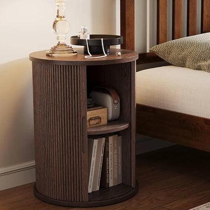 LINSY HOME Round Fluted End Table, Tall Side Table with Sliding Tambour Door and Storage Shelf, Modern Bedside Table, Mid-Century Nightstand for Living Room, Bedroom, Walnut