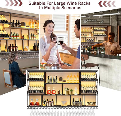 78.7Inch Wall Mounted Wine Rack, 3 Tiers Large Bar Shelves with 21 Glass Holder, Metal Wine Bottle Display Shelf, Modern Iron Liquor Shelf, for Kitchen Dining, Home Bar, Cellar (78.7" W)