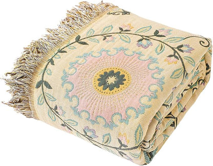 Snycler Boho Throw Blanket 60"x80" - 100% Cotton Ultra Soft Rustic Quilt, Green Floral Printed Farmhouse Decor for Bed, Sofa, Couch, Chair - All Season Cozy Blanket