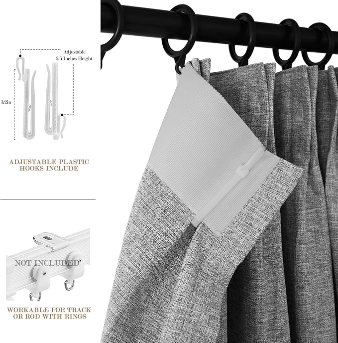 Extra Wide 100% Blackout Linen Textured Curtains - Room Dividers, W200 x L96 (1 Panel), Pinch Pleat Drapes for Living Room, Full Light Block Out Drapery for Sliding Door, Light Grey