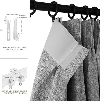 100% Blackout Linen Textured Drapes for Bedroom Pinch Pleated Curtains for Track System Portable Drapery for Sliding Glass Door/Storage/Space Room Divider, 70" Wx102 L, 1 PC, Light Grey
