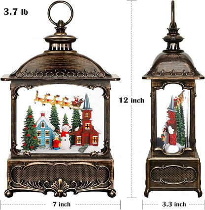 Christmas Snow Globe Lantern Christmas Decorations Gifts Snowman Santa Claus Church Village Scene Musical Glitter Snowfall USB/Battery Timer 12 inch