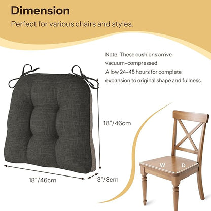 Non Slip Chair Cushions for Dining Chairs Set of 4 Kitchen Chair Cushions 18"x18"x3" Turfted Chair Pads Comfortable and Soft Seat Cushion with Ties, Dark Grey
