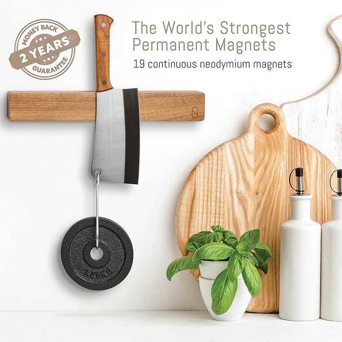 Premium 10 inch Magnetic Knife Holder for Wall with 2x Storage & Charming Wood - Knife Magnetic Strip, Under Cabinet Magnet Knives Storage - Magnet Strip Rack Kitchen Utensil Holder Organizer Tool