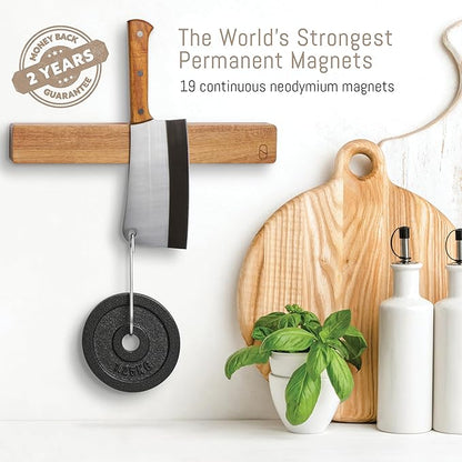 Premium 10 inch Magnetic Knife Holder for Wall with 2x Storage & Charming Wood - Knife Magnetic Strip, Under Cabinet Magnet Knives Storage - Magnet Strip Rack Kitchen Utensil Holder Organizer Tool