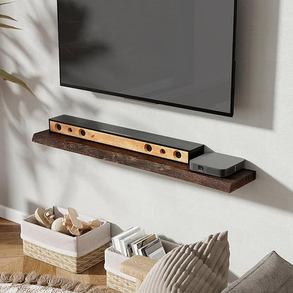 Fun Memories 48" Floating Shelves for Wall, Live Edge Solid Elm Wood Floating Shelf with Invisible Bracket, Wall Mounted Display Wooden Shelves for Bathroom, Kitchen, Bedroom, Walnut Color, Set of 1