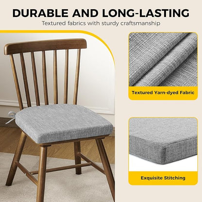 downluxe Indoor Chair Cushions for Dining Chairs, Soft and Comfortable Textured Foam Kitchen Chair Pads with Ties and Non-Slip Backing, 16" x 16" x 2", Light Grey, 2 Pack