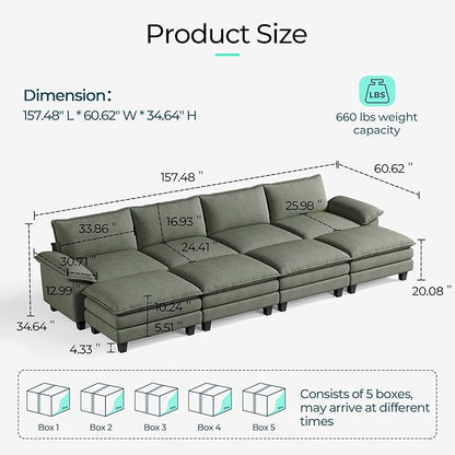 LINSY HOME Modular Sectional Sofa - 157'' Sleeper Sofa Cloud Couch Oversized Corduroy Sofa Bed with Movable Ottoman Soft Modern Comfy Couch for Living Room Apartment Office, Green