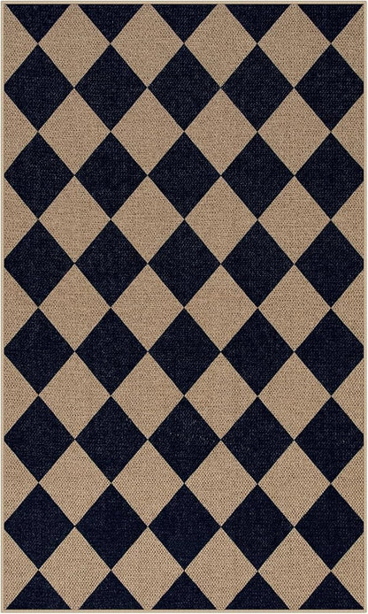 Lahome Checkered Easy Jute Entry Rug, 3x5 Black Outdoor Patio Rug for Living Room Farmhouse Neutral Carpet, Washable Non Slip Indoor Door Mat Diamond Carpet for Front Door Deck Camping