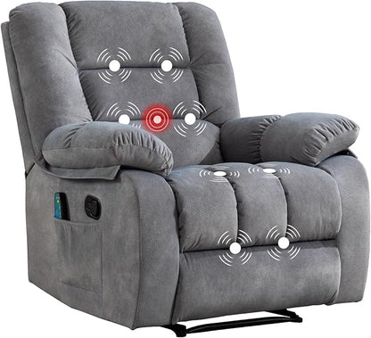 Massage Recliner Chair with Heat and Massage, Soft Fabric Ergonomic Manual Reclining Chairs, Heavy Duty Reclining Sofa Chair with Side Pockets for Living Room (Light Grey)