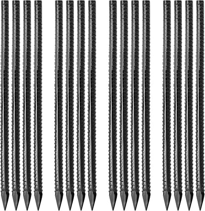 16 inches Ground Rebar Stakes (16 pcs) Heavy Duty Metal Spikes for Concrete Timber Garden Plant, Long Straight Steel Stakes for Tent, 3/8" Thickness Ground Anchors with Chisel Point End, Black