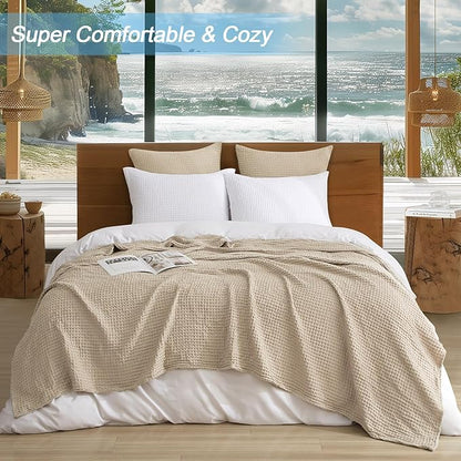 PHF Ultra Soft Waffle Weave Blanket King Size 104"x 90"- Washed Lightweight Breathable Cozy Woven Blanket for Bed - Aesthetic Decor for Couch Bedding Sofa Home Car - Khaki