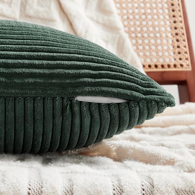Fancy Homi Set of 2 Dark Green Long Lumbar Decorative Throw Pillow Covers 14x24 Inch for Living Room Couch Bed, Boho Farmhouse Forest Green Home Decor, Soft Corduroy Corss Textured Cushion Case