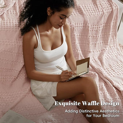 PHF 100% Cotton Waffle Weave Blanket Queen Size, Soft Lightweight Breathable Cozy Summer Blankets for Bed, Luxury Aesthetic Woven Bedding for Home Decor, 90"x90", Pink/Mauve