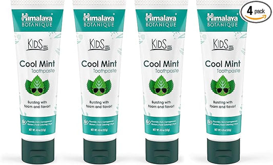 Himalaya Botanique Kids Toothpaste, Herbal, Cool Mint Flavor, Fights Plaque, Fluoride Free, Gentle, No Artificial Flavors or Colors, SLS Free, Gluten Free, Cruelty Free, Vegan, Foaming, 4 Oz, 4 Pack…