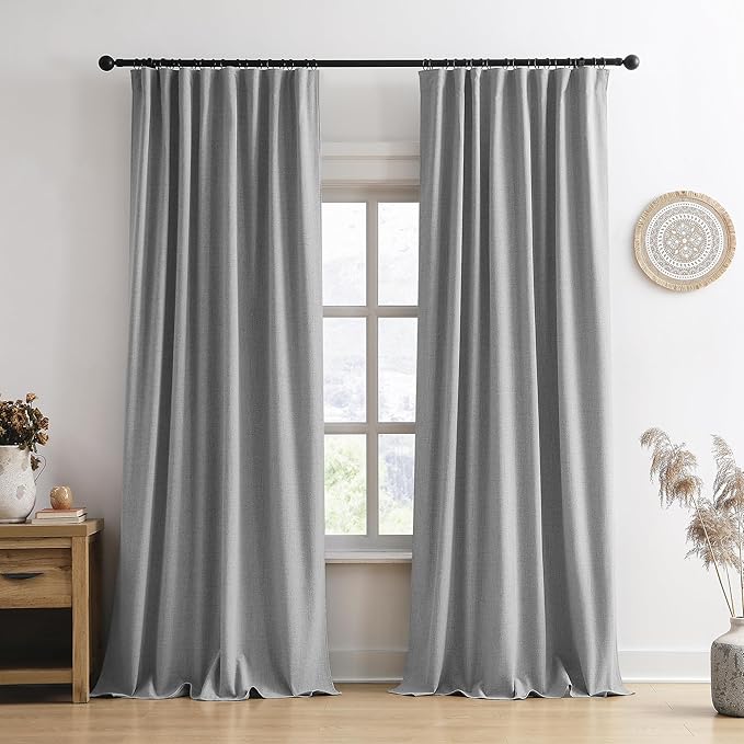RAIN CITY Grey Blackout Curtains&Drapes 104 Inch Long, Back Tab Pinch Pleated Look Draperies with Hooks Thermal Curtains for High Living Room Sliding Door 50 Wide Set of 2