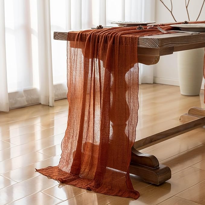 Keketo Fall Table Runner Terracotta Rust Gauze 120 Inch 10 FT Rustic Burnt Orange Cheese Cloth for Wedding Baby Bridal Shower Party Centerpiece Sheer Thanksgiving Fall Decorations for Home