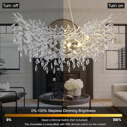 Modern Crystal Silver Chandelier, 36" Large Rectangular Oval Tree Branch Crystal Chandeliers for Dining Room,16-Light Flush Mount K9 Crystal Chandeliers, for Kitchen Island,Dining Room