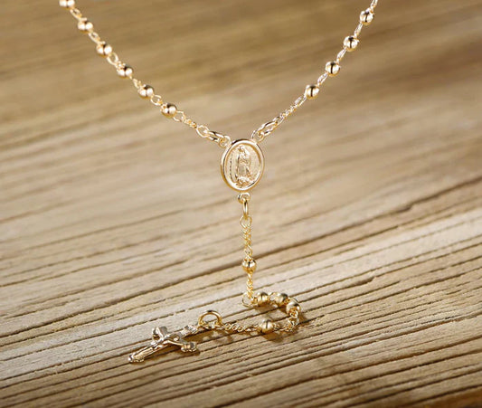 RMZ GOLD NYC Unisex 14K Gold Virgin Mary Rosary Bead Cross Necklace 18''