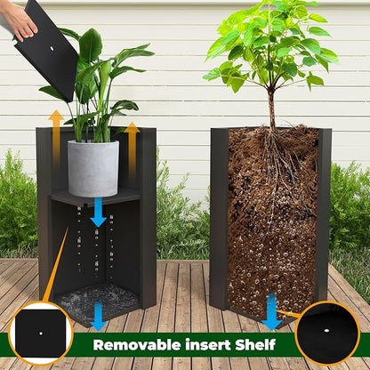Galvanized Steel Metallic Heavy Planter for Outdoor Plants Metal Planters Box 14"x14"x30" Spliced Flower Planter with Partitions for Outside,Indoor,Garden (Black, 14 * 14 * 30)
