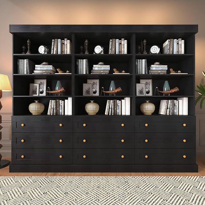 Vyre 71" Tall Farmhouse Bookshelves with Drawers, Set of 4 – Large Modular Bookcase with Adjustable Shelves, Storage Cabinet for Living Room, Kitchen, Home Office, Black