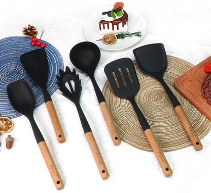Silicone Cooking Utensils Set, 6 Pack Large Kitchen Utensils Set with Wooden Handle, Heat Resistant Silicone Utensil Spatula Set for Nonstick Cookware, Spatula, Turner, Spoon, Ladle BPA Free (Black)