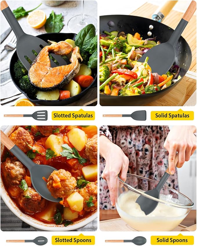 Pack of 4 Silicone Cooking Utensils Set, Non Stick Solid Spatulas and Heat Resistant Slotted Spoons with Wooden Handle, Ideal Wood Kitchen Utensils Set for Frying,Serving,Turning,Stirring (GRAY)
