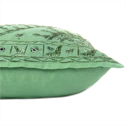 Eyes of India Embroidered Decorative Boho Throw Pillow Cover with Mirrors, Handmade Bohemian Accent Cushion Case for Sofa Couch Bedroom Living Room (Green, 16" x 16")