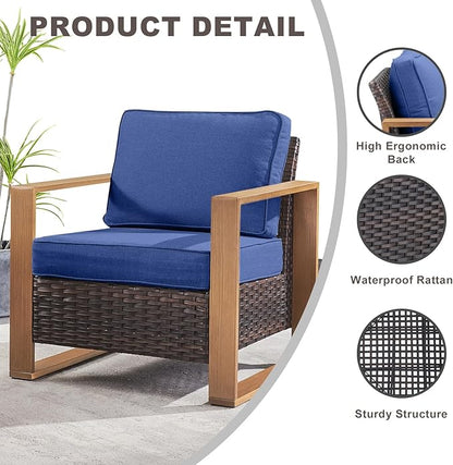 Outdoor Wicker Patio Furniture Set - 5 Piece Patio Conversation Set with 2 Wicker Armrest Chairs,2 Rattan Ottoman, 1 Side Table, Sturdy Frame, Thick Cushions, Deep Seating(Brown/Blue)