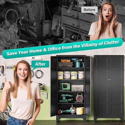 Metal Storage Cabinets with 2 Doors and 5 Shelves,Tall Storage Cabinet,Large Cupboard Closet,Pantry Storage Cabinet for Home,Office,Bathroom,Dining/Living Room (Black, 72" H)