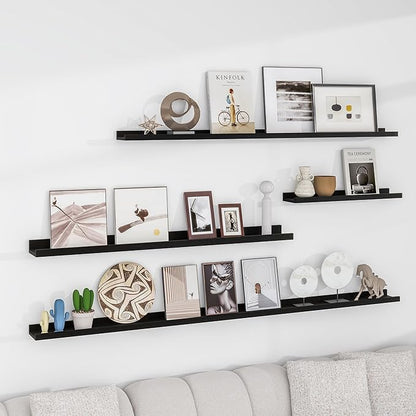 Solid Ash Wood Picture Ledge Shelf, Floating Shelves Set of 2, 56 Inch Long Large Ledge Shelves, Nursery Book Shelves Wall Mounted for Living Room Bedroom Kitchen Decor Kids Bookshelf, Black