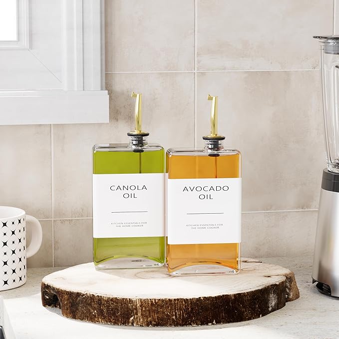 New England Stories Kitchen Cooking Oil Dispenser Set, Olive Oil and Vinegar Bottles, Soy Sauce Dispenser - 2 Pieces, Gold, Durable & Stylish Design